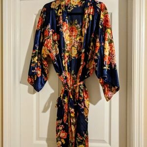 Navy blue floral satin robe